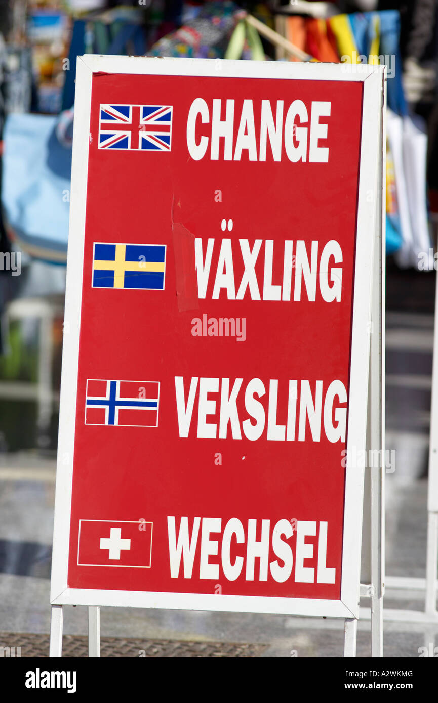 red tourist currency money exchange board with flags Los Christianos