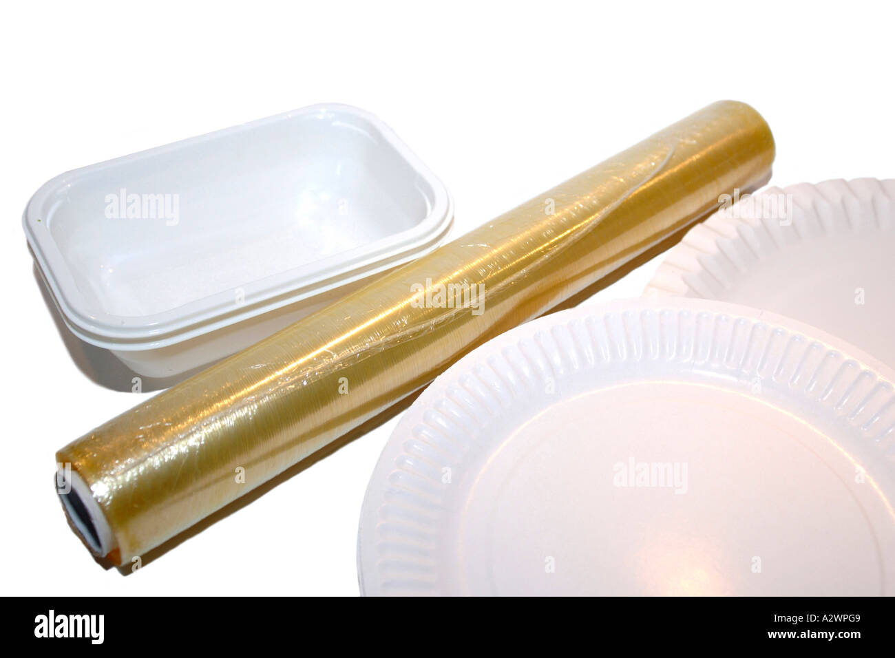 Plastic dishes paper plates and kitchen wrap all usable in microwave