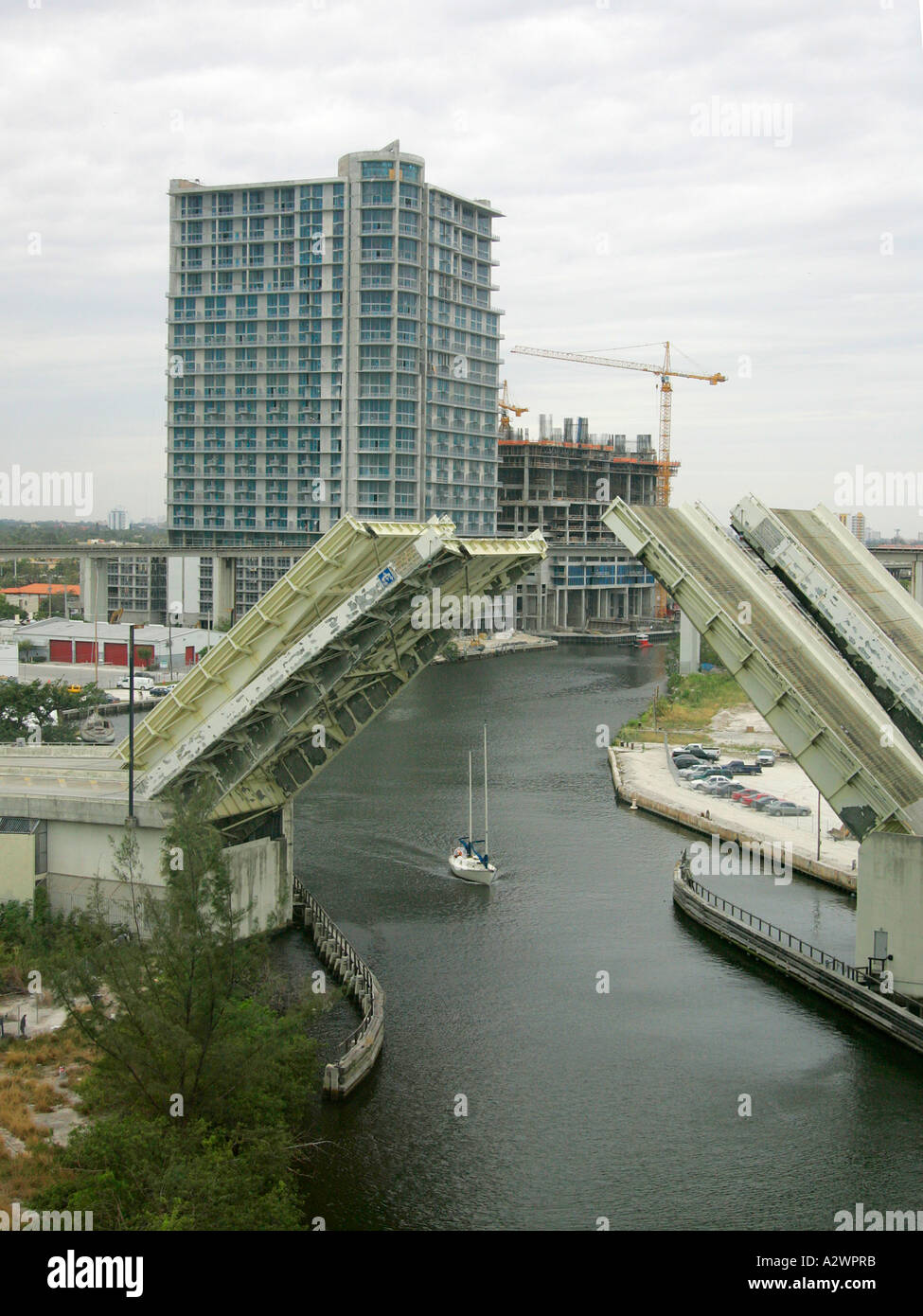 drawbridge opening bridge over Intracoastal waterway Downtown Miami ...