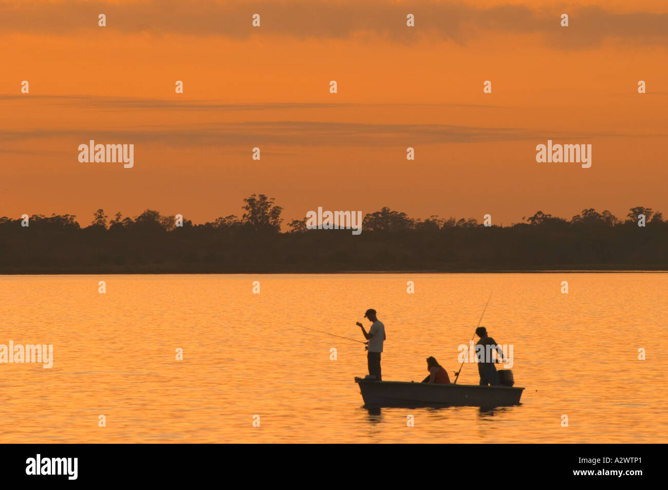 FISHING AT SUNSET IN UPPER MYAKKA LAKE IN MYAKKA RIVER STATE PARK FLORIDA Stock Photo