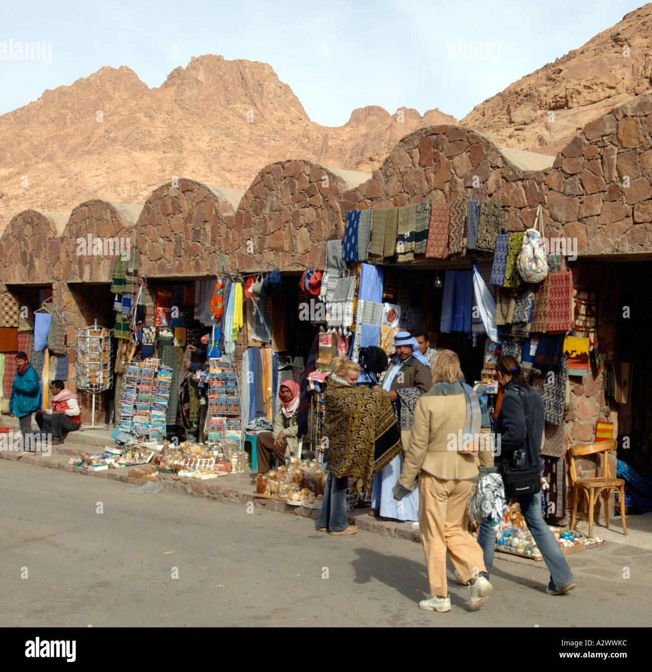 Tourist shops and market stalls by St Catherine’s Monastery at the foot of Mount Sinai Sinai Egypt Stock Photo