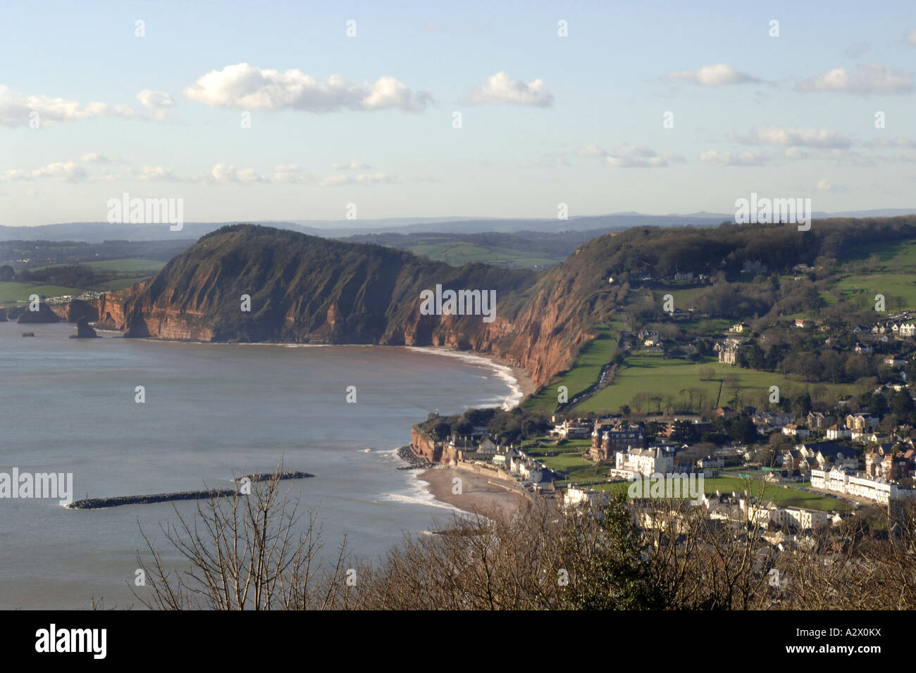 View of Sidmouth from the top of the cliffs in Devon England. Stock Photo