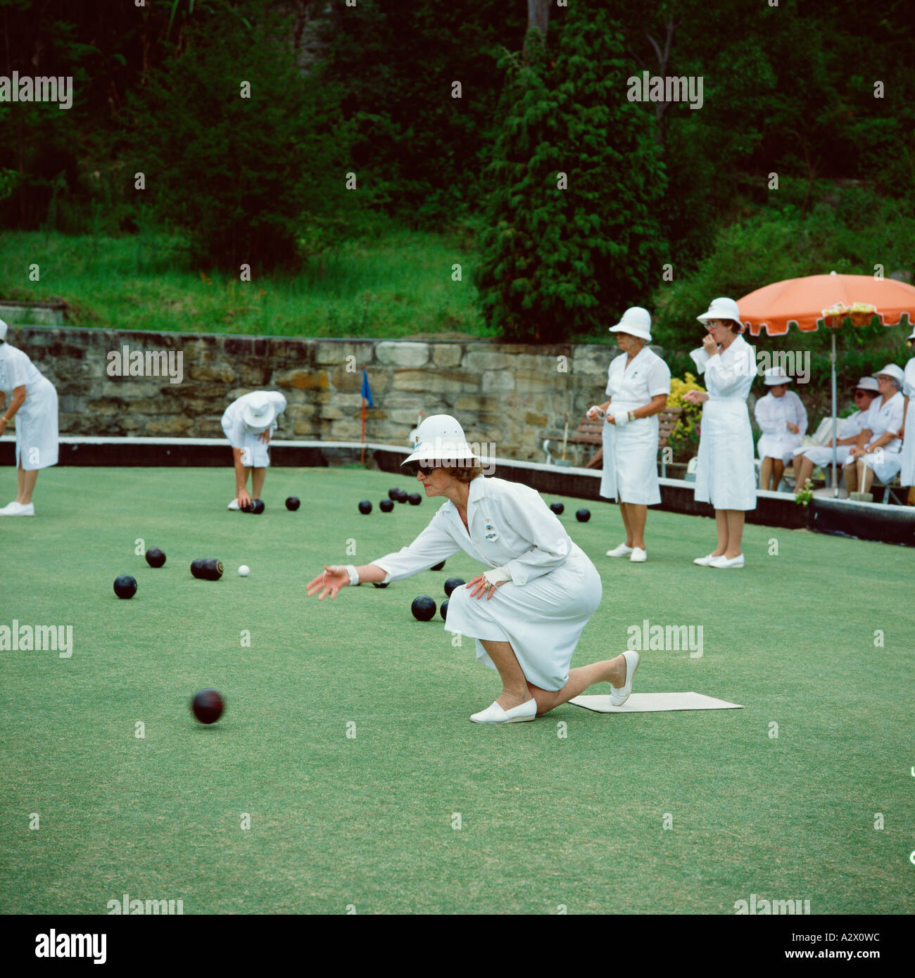 Mature adult women playing lawn bowls. Stock Photo