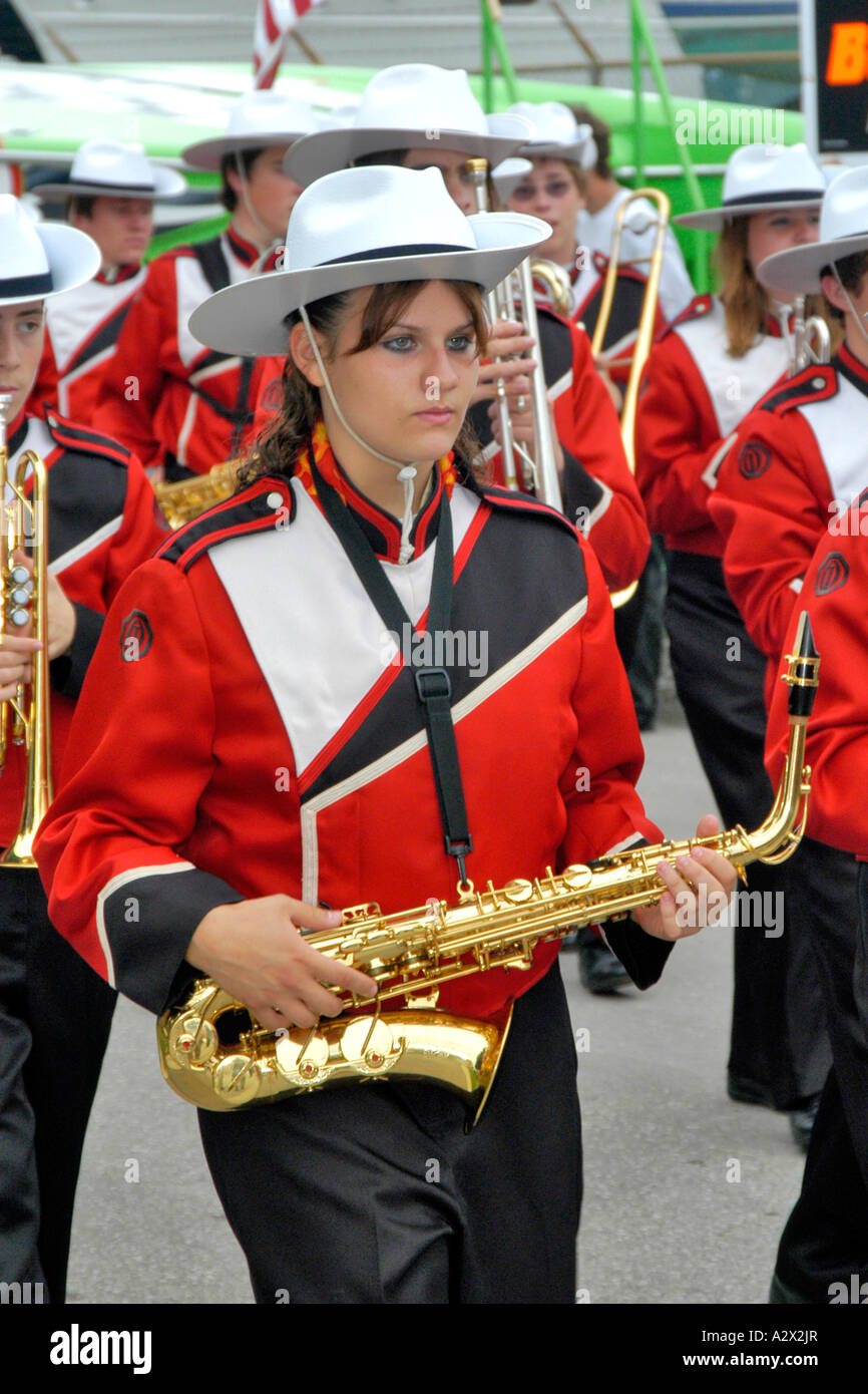 Canadian High School band at a parade in Windsor Ontario Canada Stock Photo