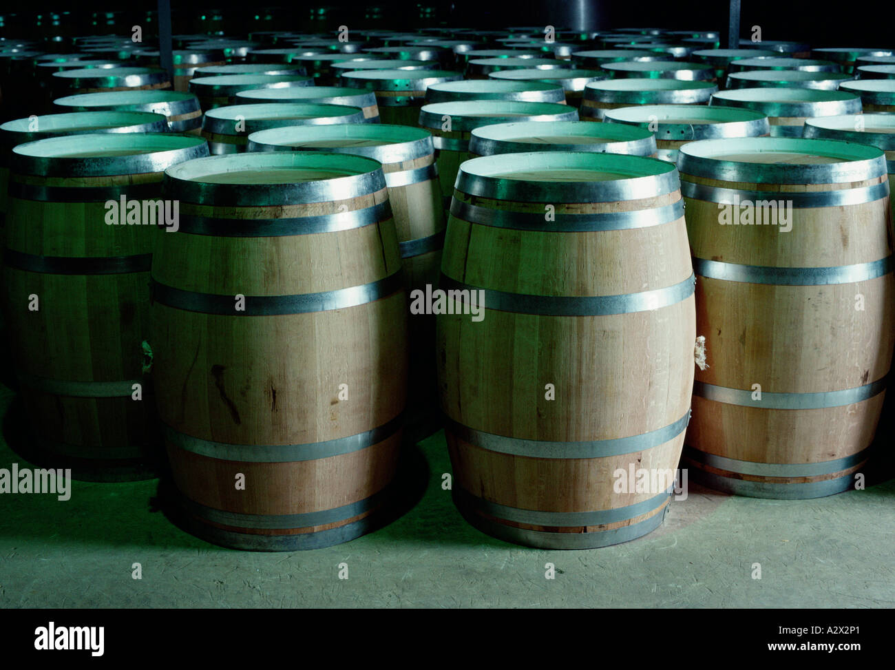 Close-up of barrels in a cellar. Stock Photo