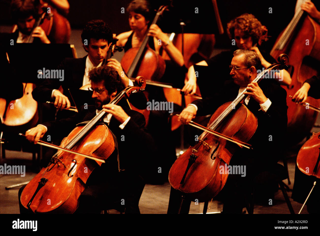 View of men playing cellos in orchestra. Stock Photo