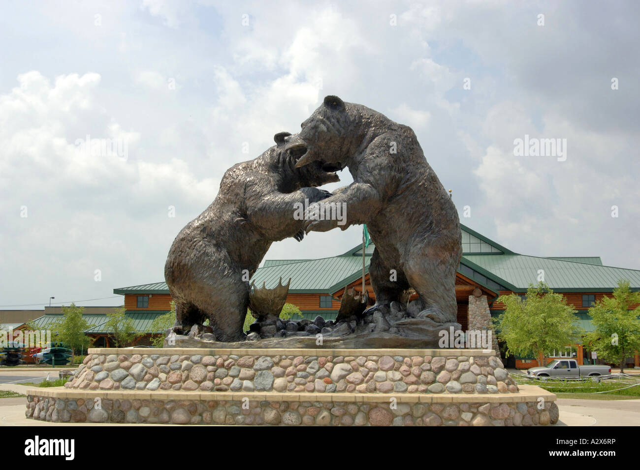 Two giant bronze statues of bears fighting outside a camping store in Triadelphia West Virginia