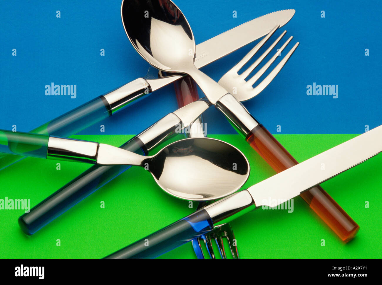 Still life close up of household cutlery knives forks and spoons. Stock Photo