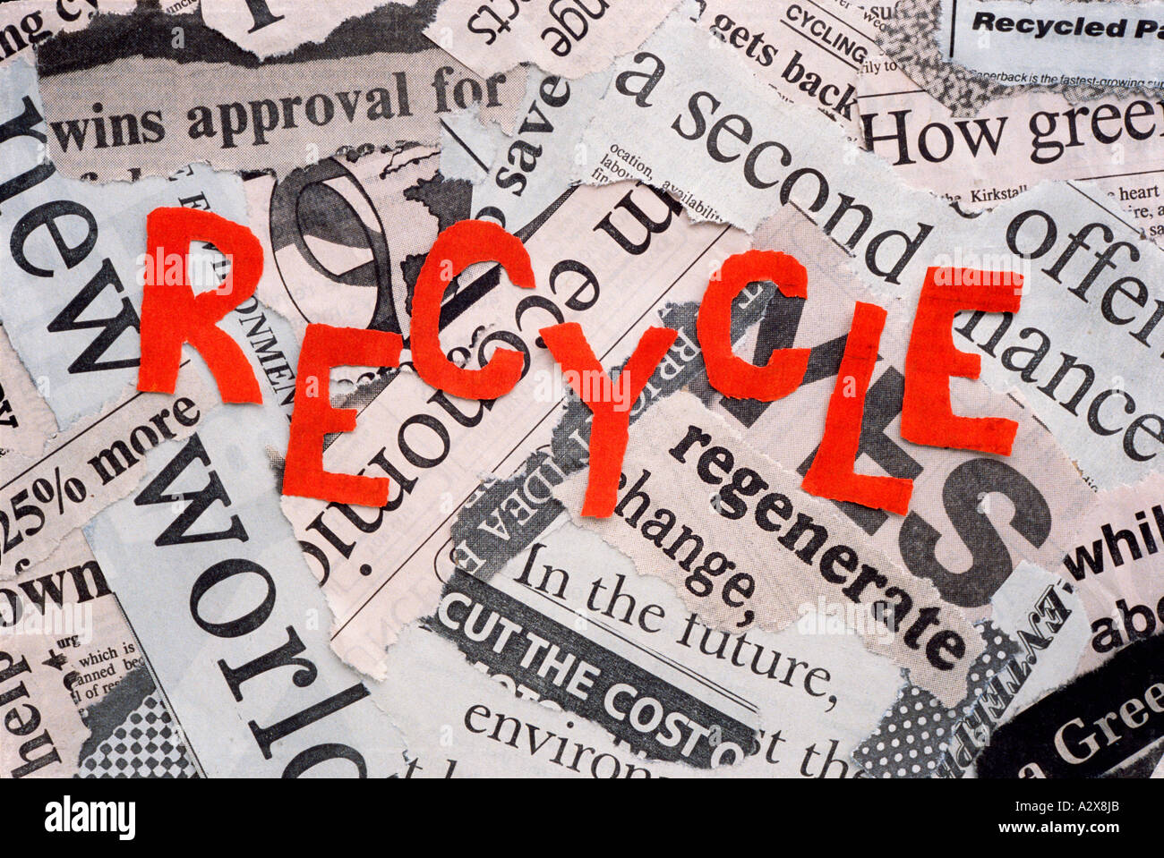 Recycle. Message on newspaper headline clippings Stock Photo Alamy