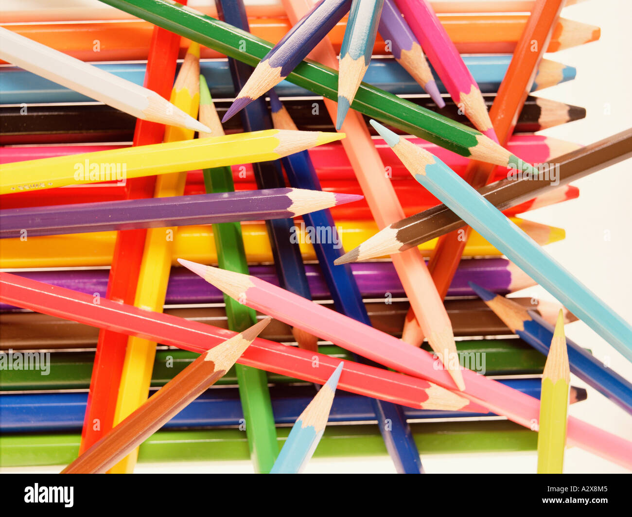 Still life of artists' materials. Coloured pencils. Stock Photo
