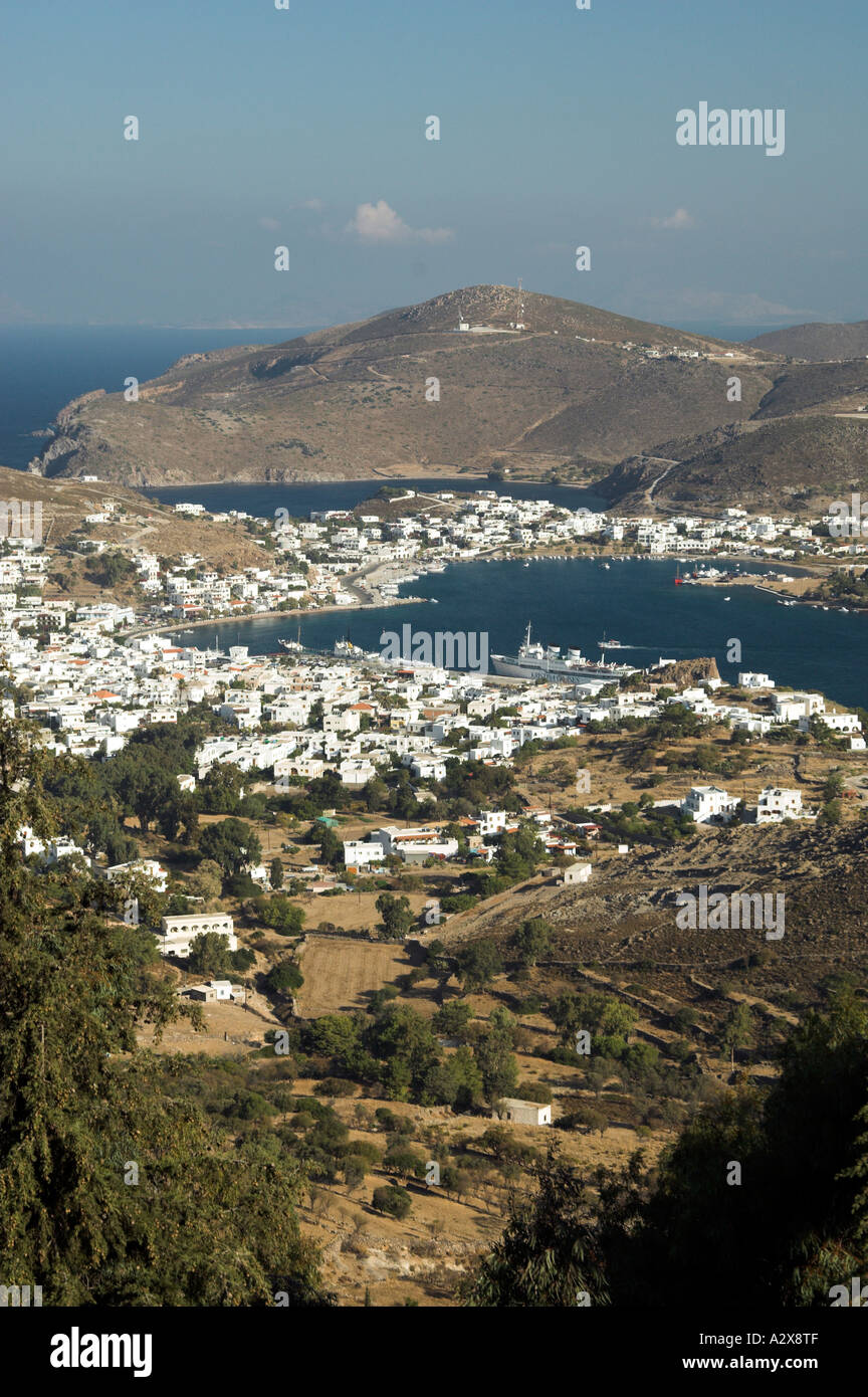 Aerial views of the whitewashed buildings of the village and port of Scala on the island of Patmos Greece Stock Photo