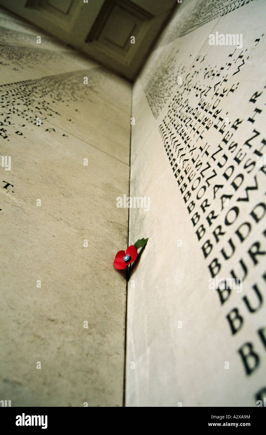 List of names of the missing and a single Poppy Menin Gate Belgium Stock Photo