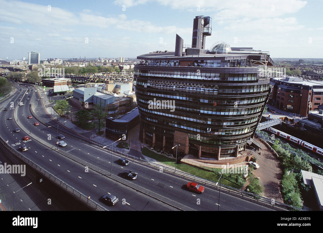 The Ark by Ralph Erskine former UK HQ of Seagrams and Hammersmith Flyover West London UK Stock Photo