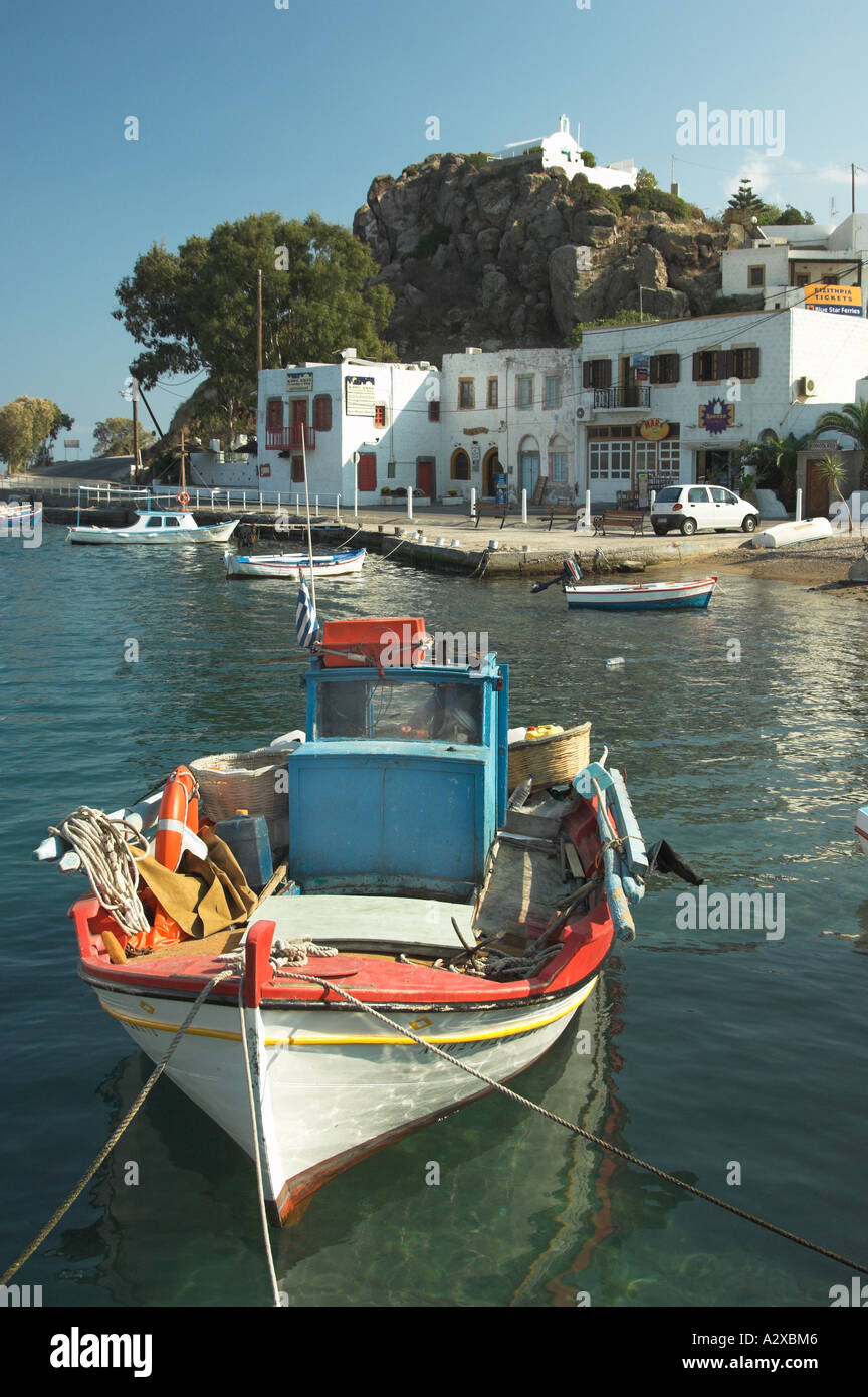 Colorful fishing boats and pleasure craft in Scala harbor on the Greek island of Patmos Stock Photo