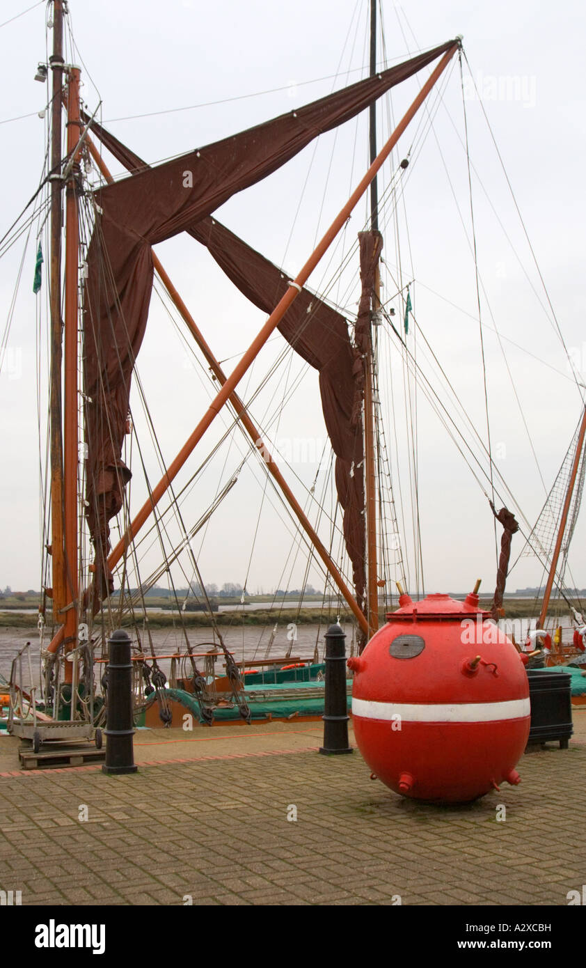 'The Shipwrecked Fishermen & Mariners Royal Benevolent Society' charity collection box made from a sea mine. Maldon Quay. Essex. Stock Photo