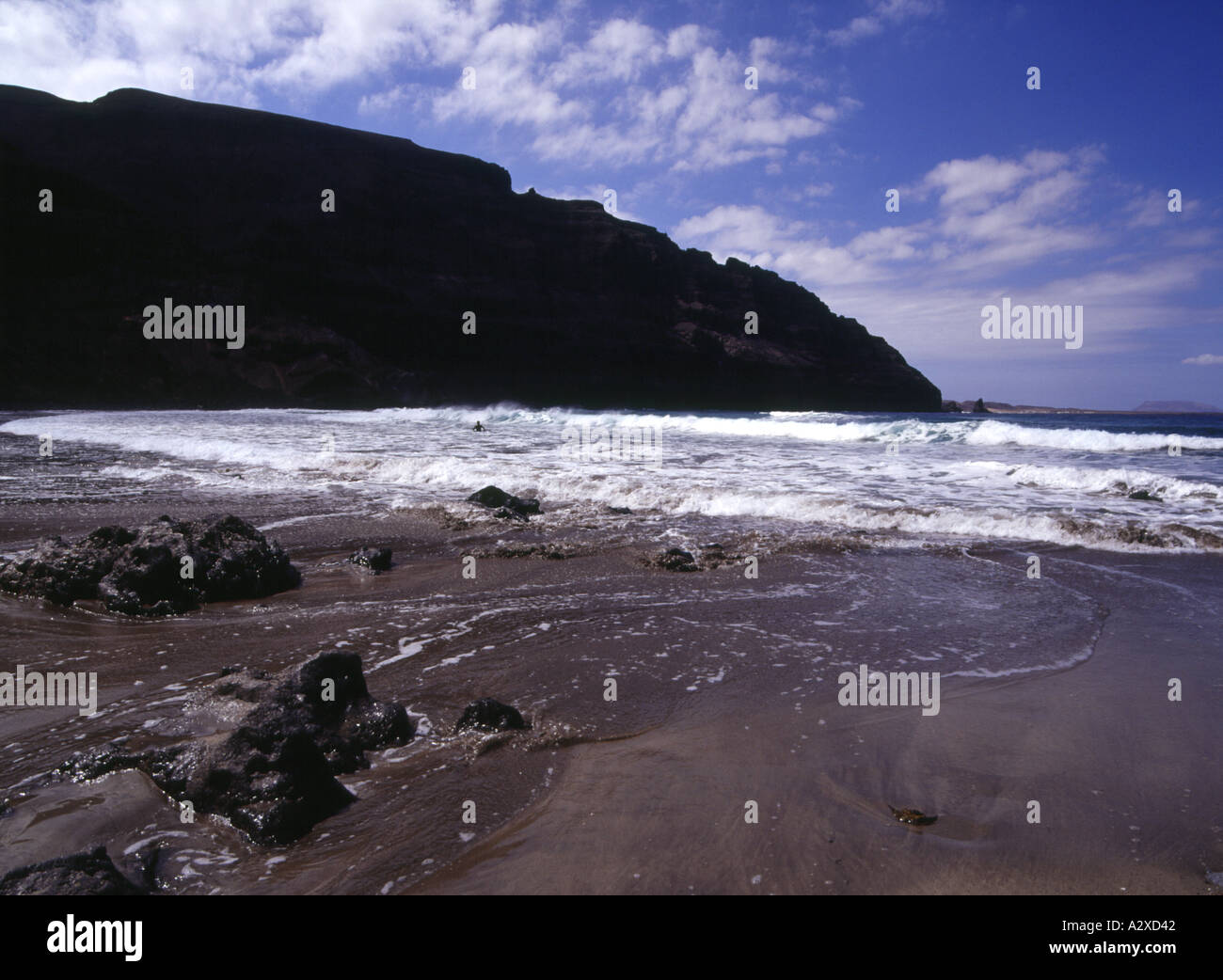 dh  PLAYA DE LA CANTERIA LANZAROTE White wash waves black sandy beach Stock Photo