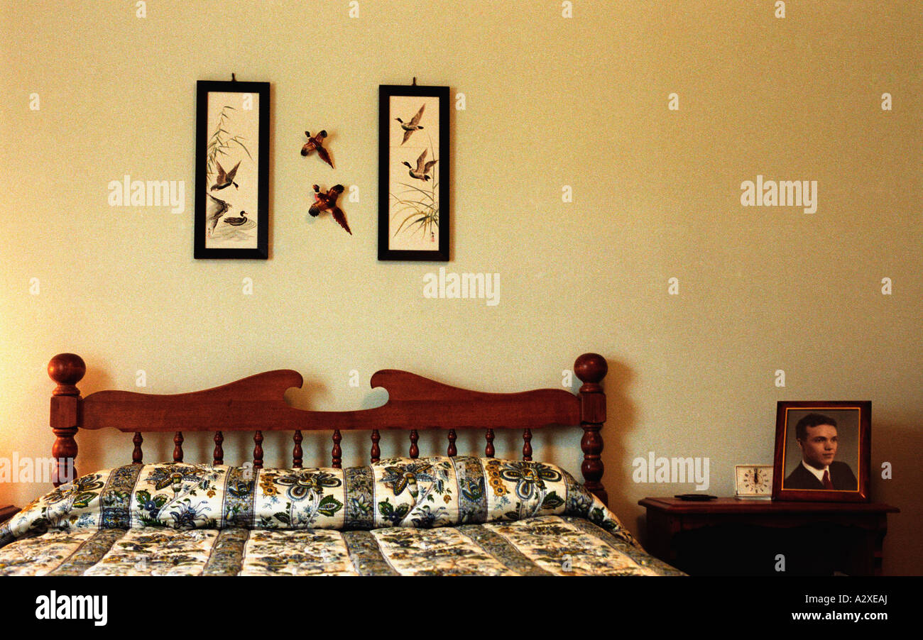 Made bed with pictures of birds on wall Stock Photo Alamy
