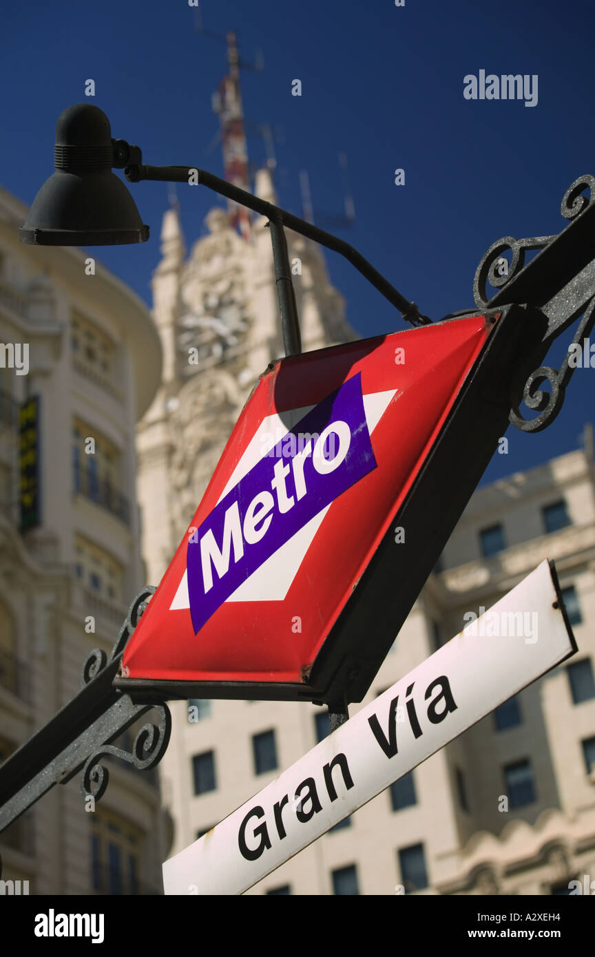 City centre metro sign on Gran Via, Madrid. Stock Photo