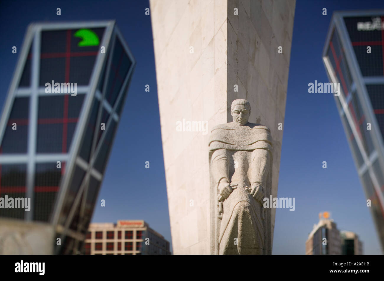 Detail of Espana A Calvo Sotelo statue in front of the Torres de Europa in Plaza de Castilla, Madrid. Stock Photo