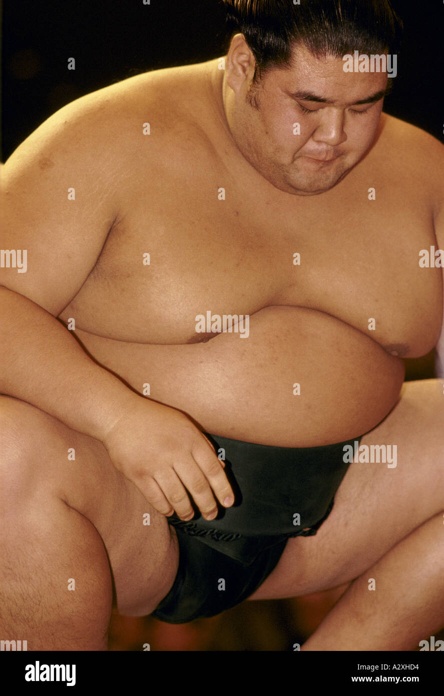 sumo wrestler wearing mawashi belt squatting down with bent knees preparing for bout Stock Photo