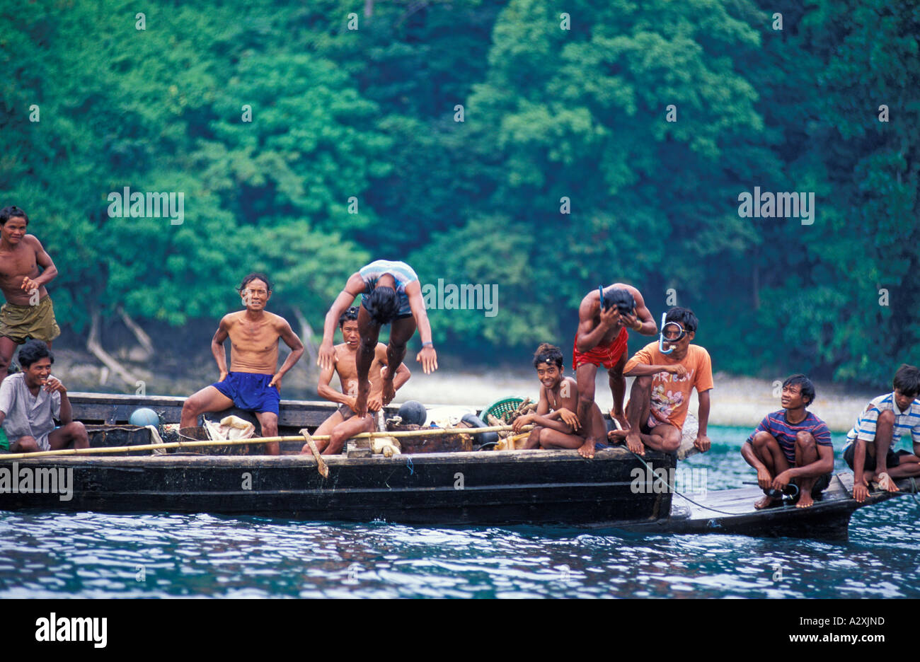 Myanmar Burma Moken Tribe sea gypsies diving for Sea Cucumbers Mergui