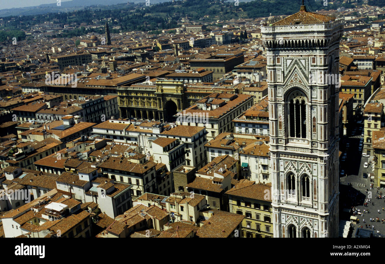 Overlooking the Cathedral Bell Tower and the magnificent City of Florence, Florence, Italy Stock Photo