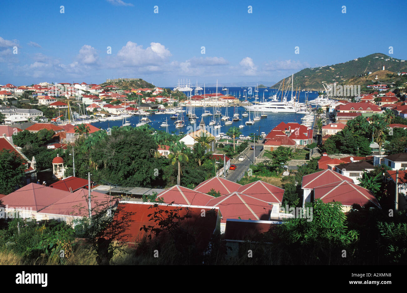 Gustavia, St Barths-- April 25, 2018. A pretty cobblestone street winds its  way through a shopping district in Gustavia, St. Barths. Editorial Use Onl  Stock Photo - Alamy