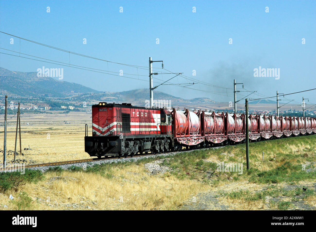 Train rail transportation in rural Turkey Stock Photo