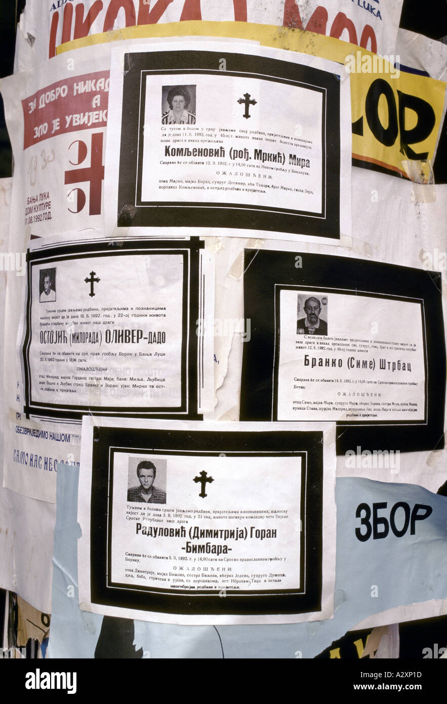 Banja Luka - death notices are pinned up in public places of people who have died in the civil war, Sept 1992 Stock Photo