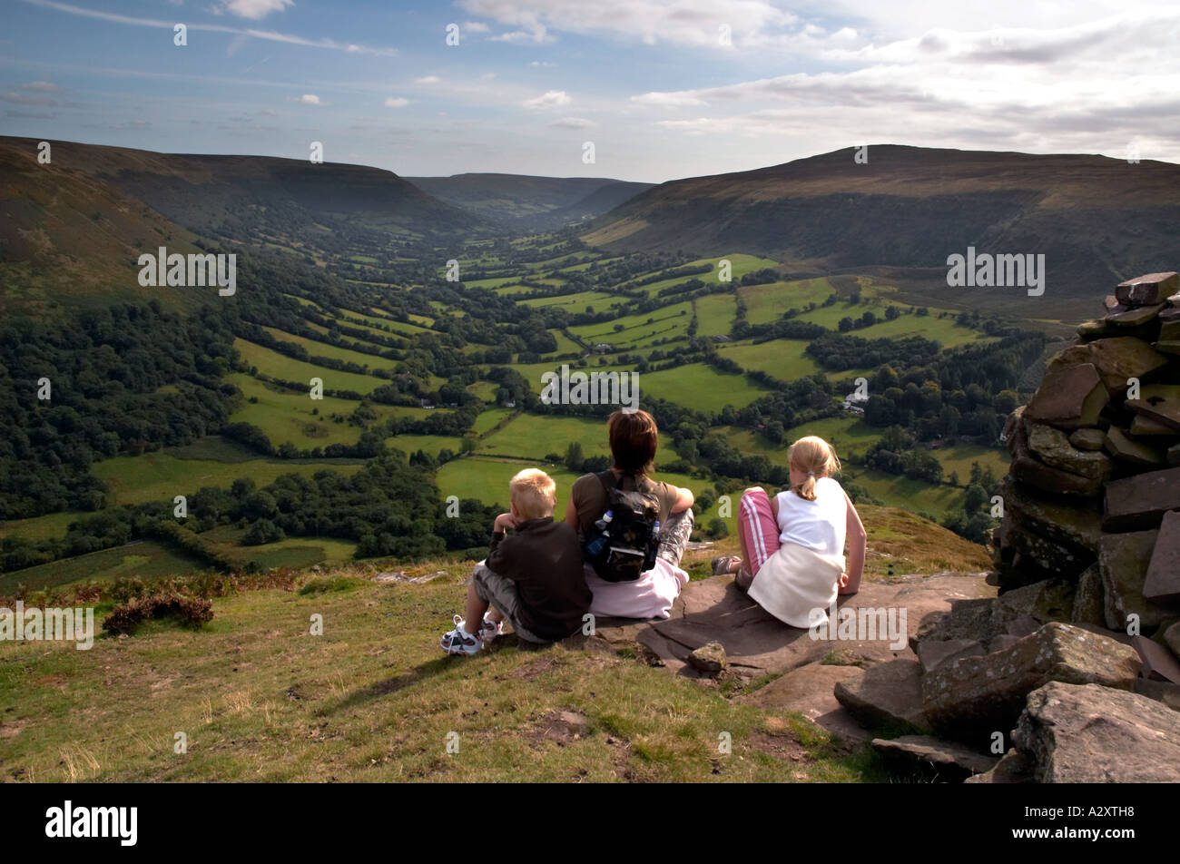 Mother and Children Resting on top of Darren Lwyd Vale of Ewyas Black Mountains Monmouthshire South East Wales Stock Photo