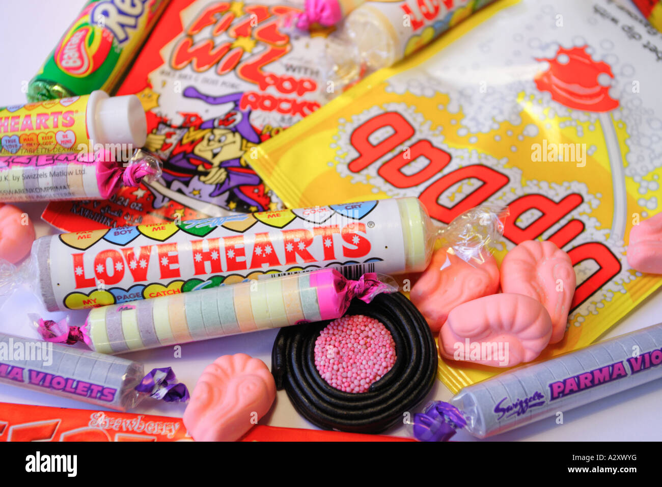 Variety selection of childrens sweets and candy bright and colourful Stock Photo