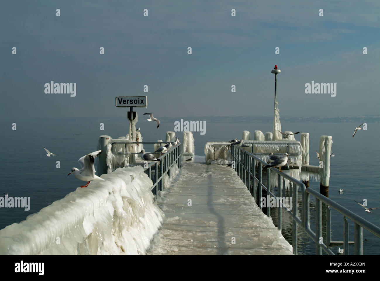 Versoix. Iced pier. Geneva. Lac Leman. Lake Geneva. Genfersee. Stock Photo