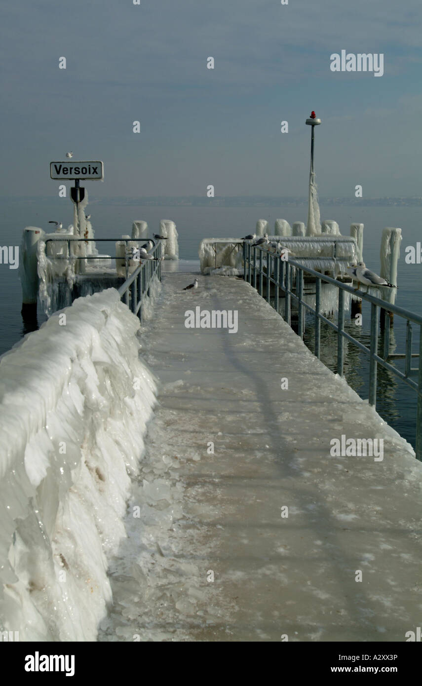 Versoix. Iced pier. Geneva. Lac Leman. Lake Geneva. Genfersee. Stock Photo
