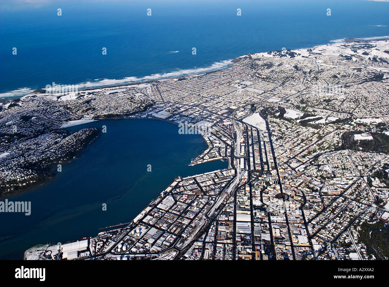 Dunedin and snow South Island New Zealand aerial Stock Photo Alamy