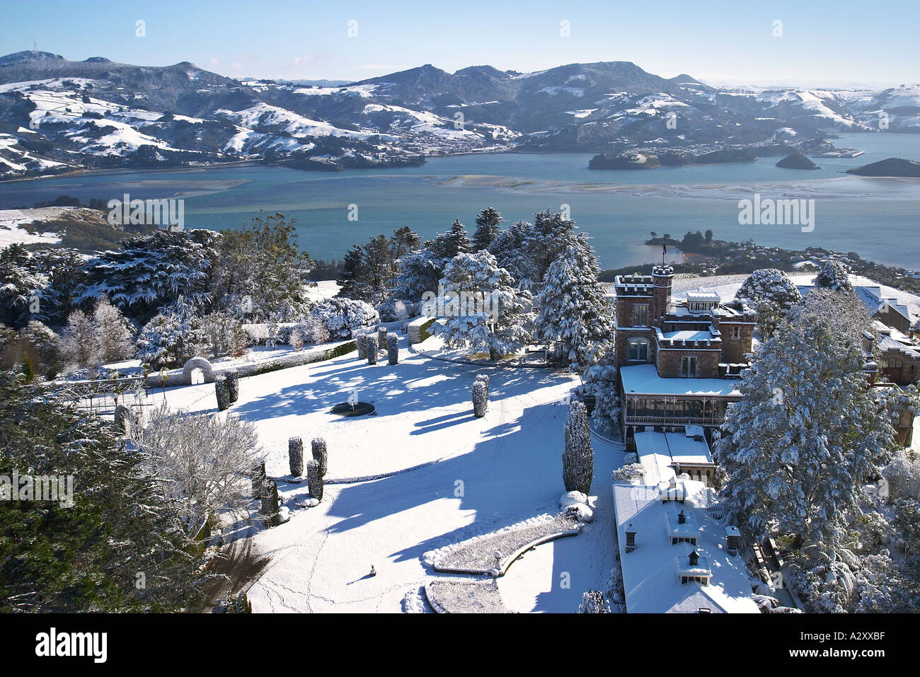 Larnach Castle and snow Otago Peninsula Dunedin South Island New Zealand aerial