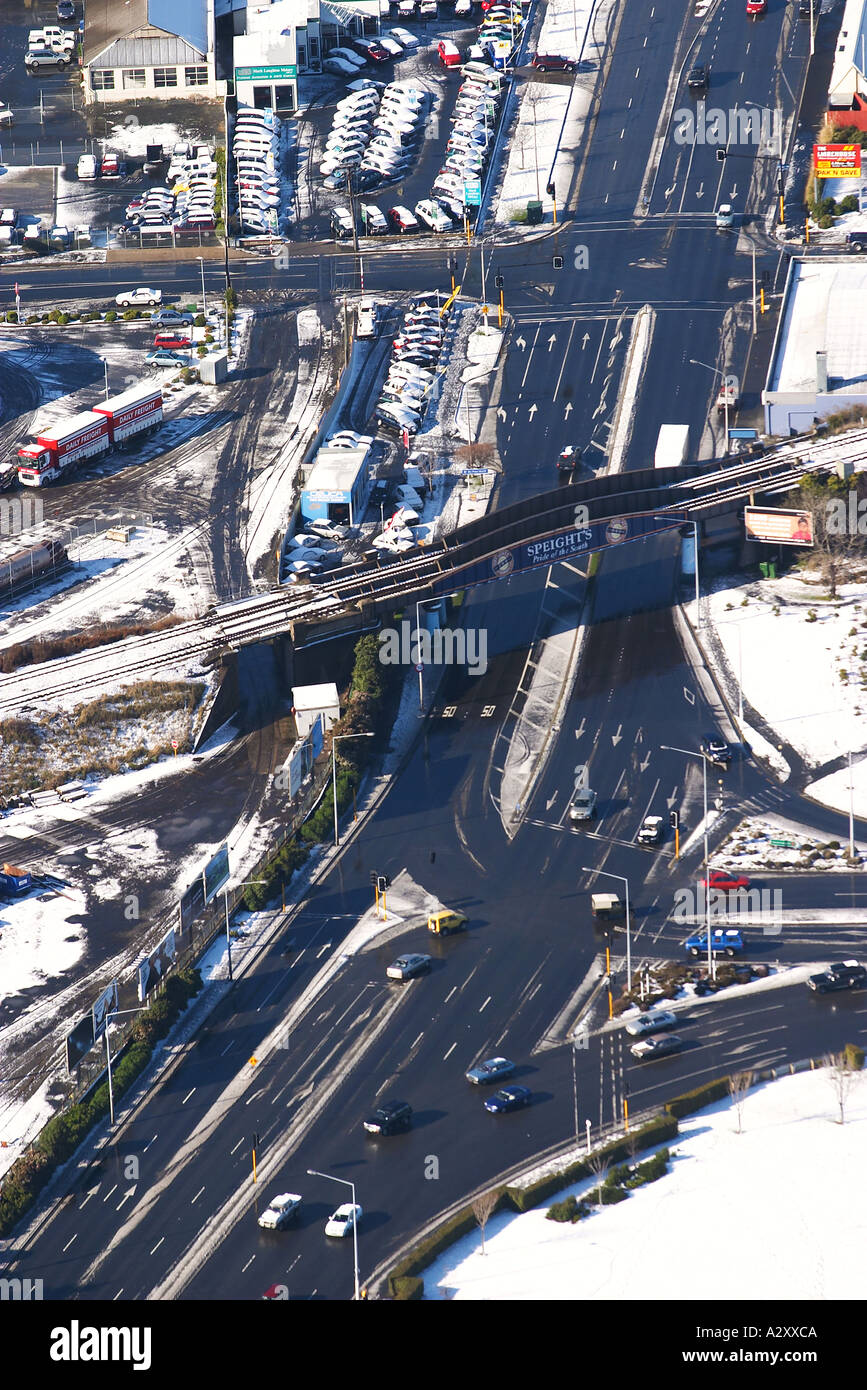 Andersons Bay Road in snow Dunedin South Island New Zealand aerial