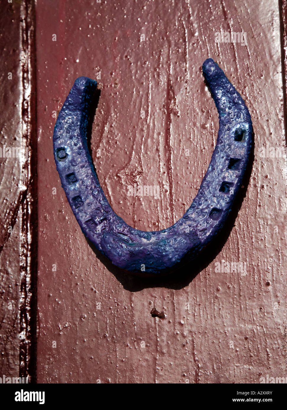 Lucky painted horseshoe nailed to red door Wales UK Stock Photo