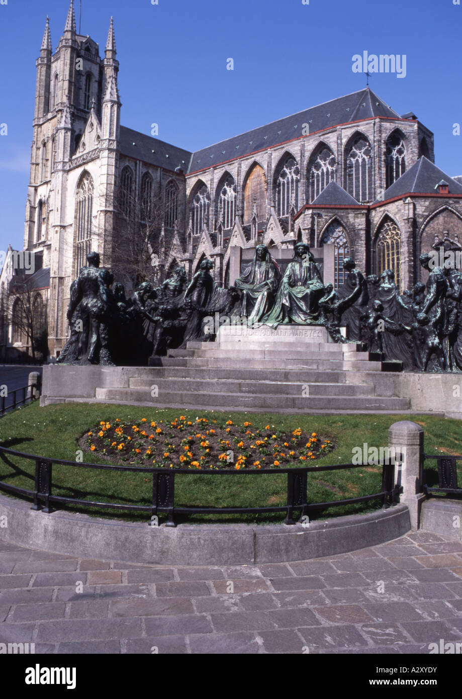 St Bavon Cathedral and Van Eyck Monument Ghent Belgium Stock Photo