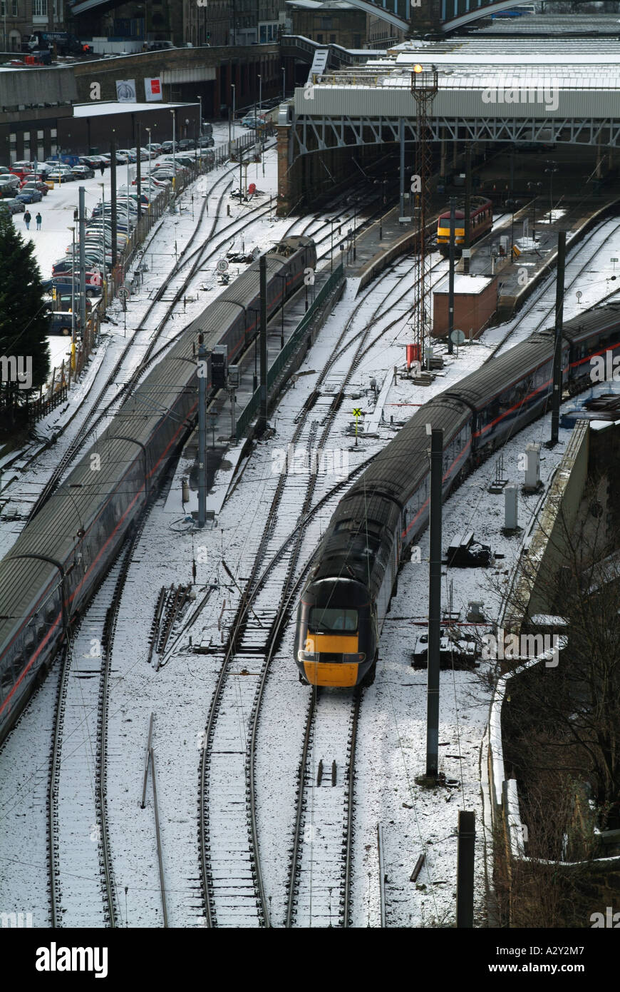 Intercity trains at the east end of Edinburgh Waverley station from Regent Road, Edinburgh, Scotland, UK. Stock Photo