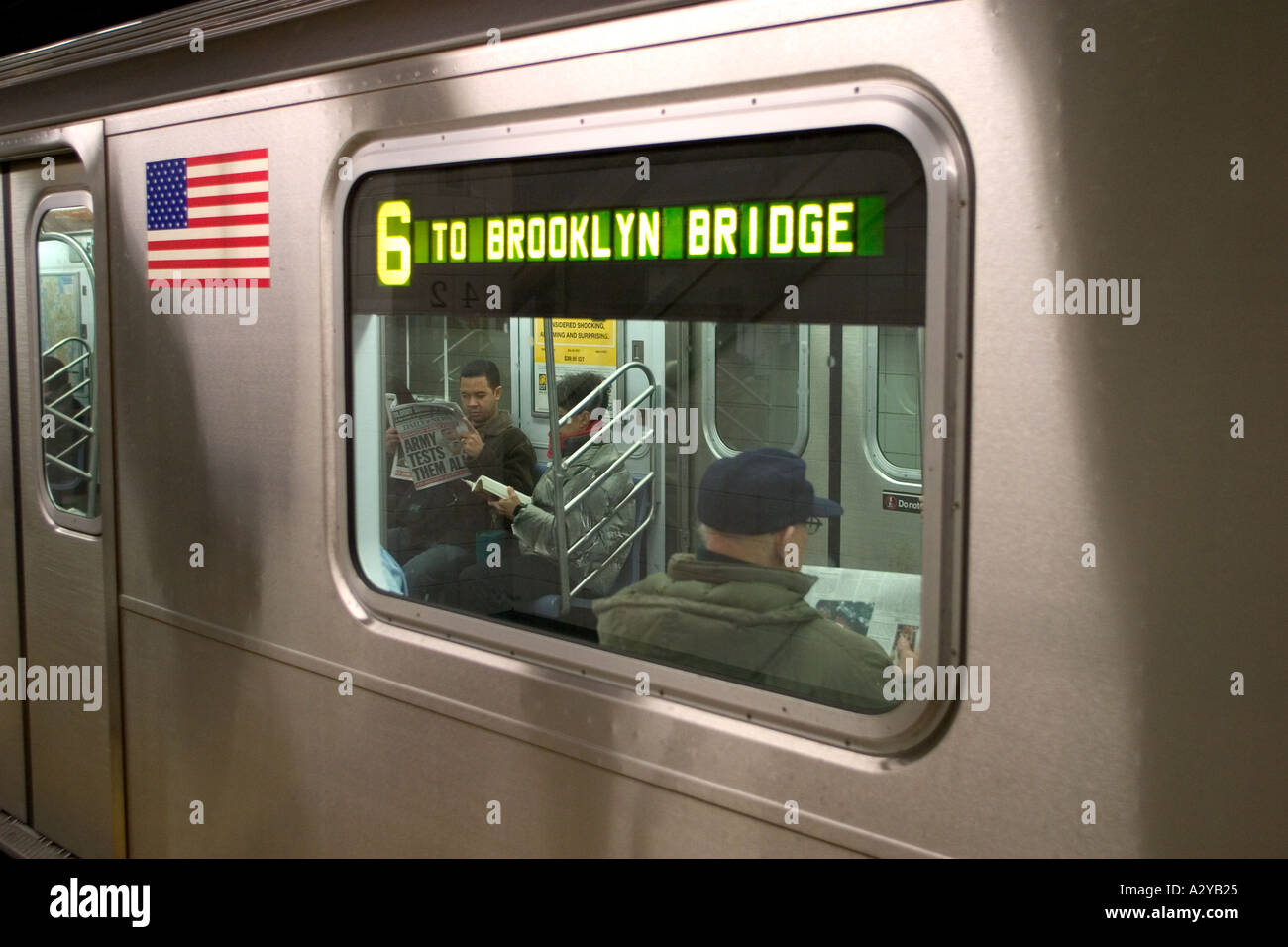 Brooklyn Bridge bound Subway train arrives at Grand Central Station in