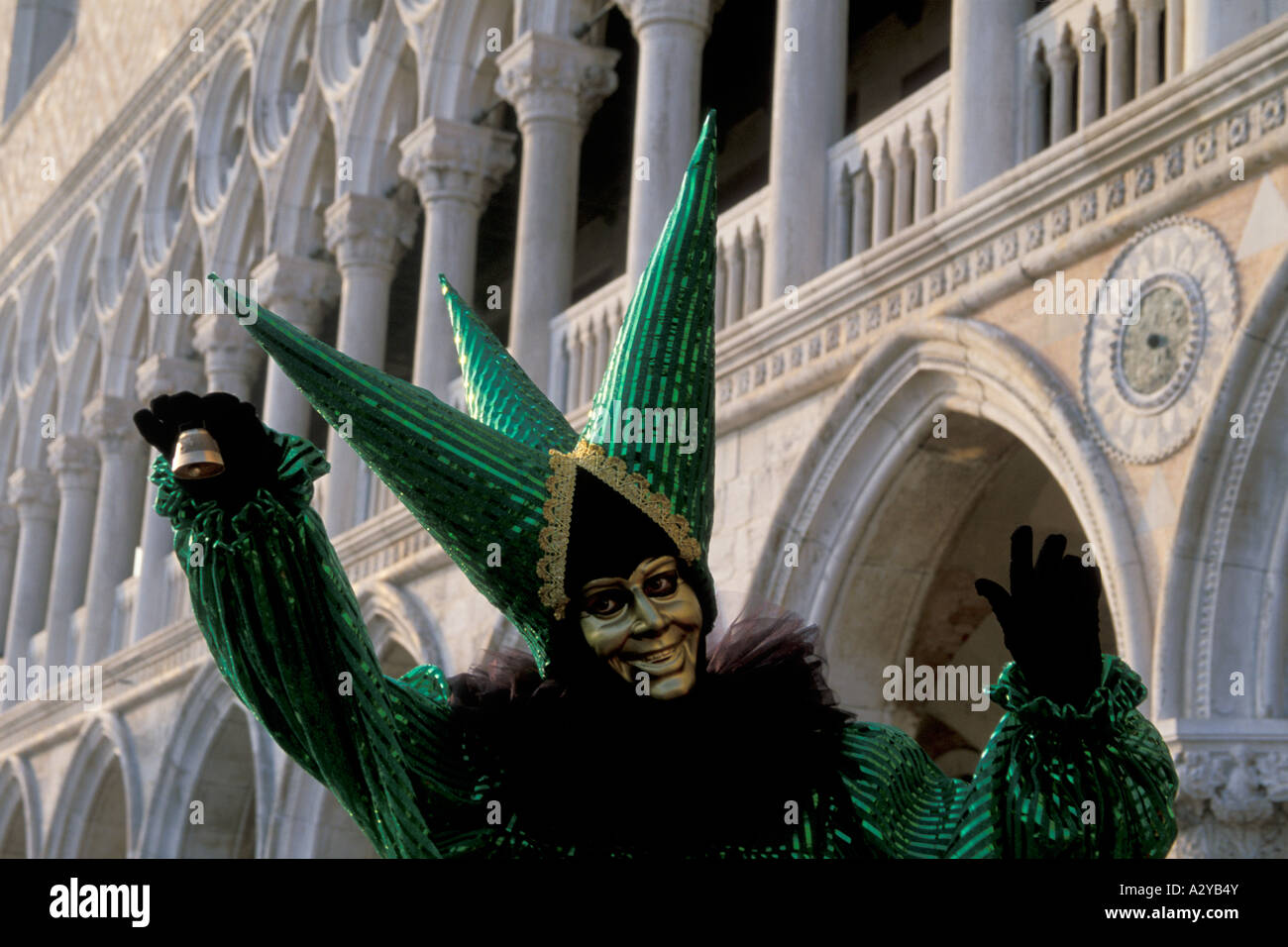 Joker Amuses with his Bell during Carnevale, Venice Stock Photo