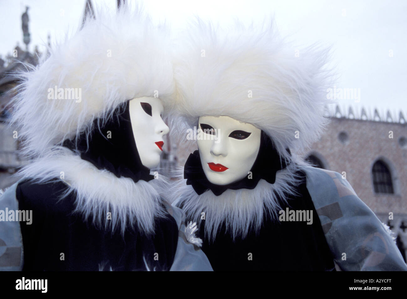 Carnevale Revelers in Black Velvet and White Fur Gossip in San Marco, Venice, Italy Stock Photo