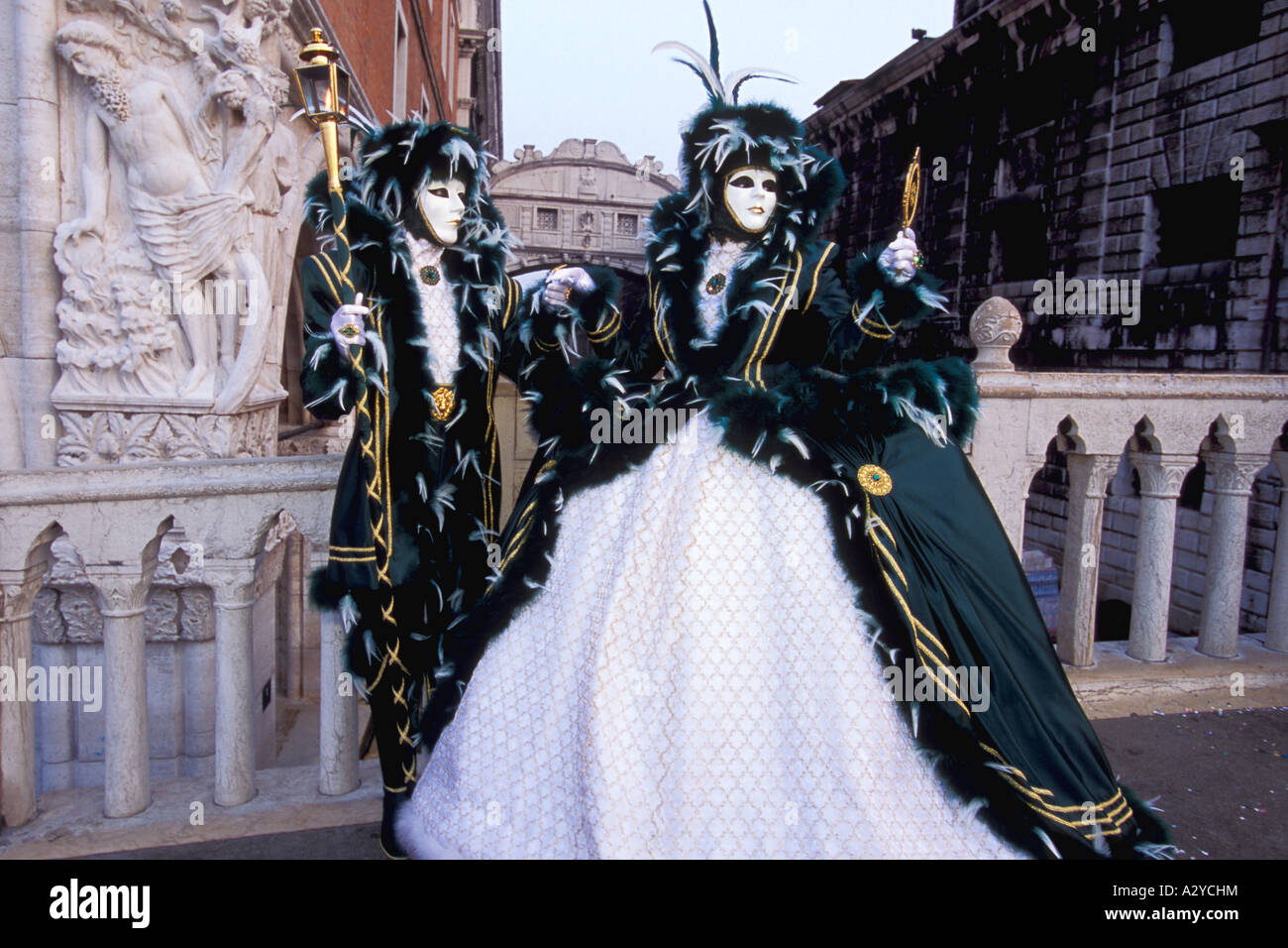 Traditional Velvet and Pearl Costumes for Carnevale near the Bridge of Sighs, Venice Stock Photo