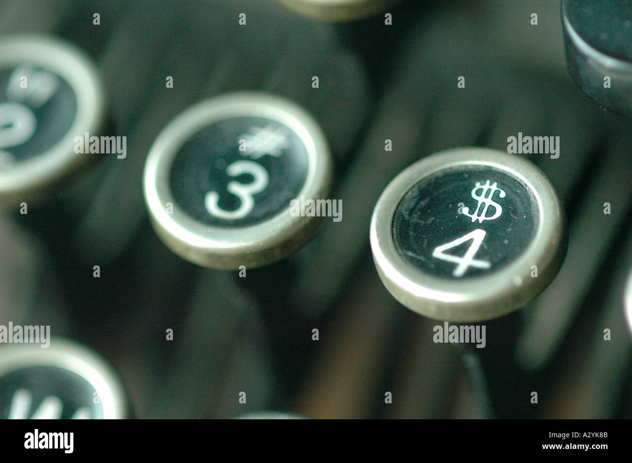 An Old manual typewriter with its working keyes with numbers and letters 4 Dollar sign 3 Stock Photo