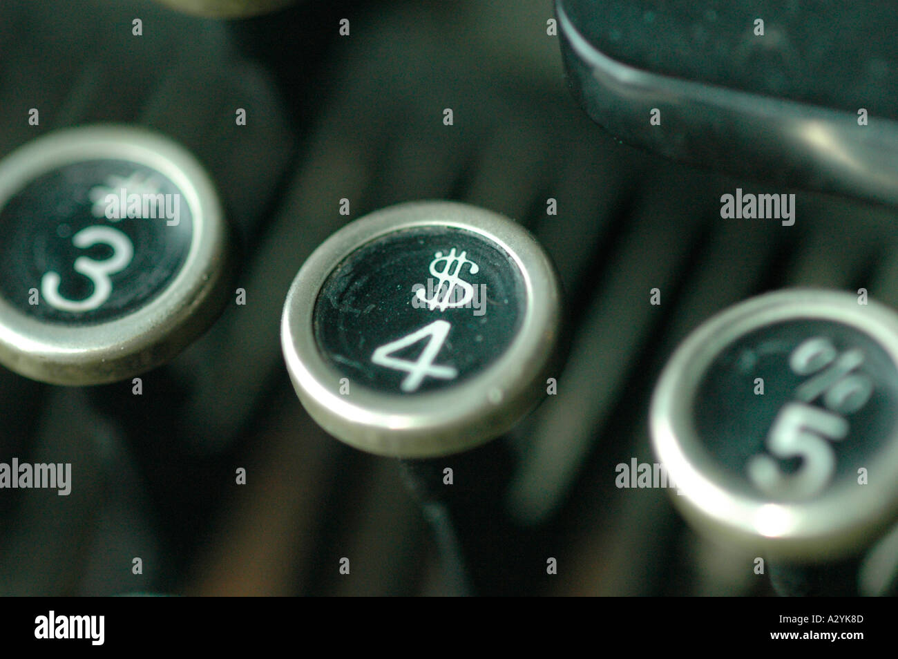 An Old manual typewriter with its working keyes with numbers and letters and dollar sign and 4 3 5 Stock Photo