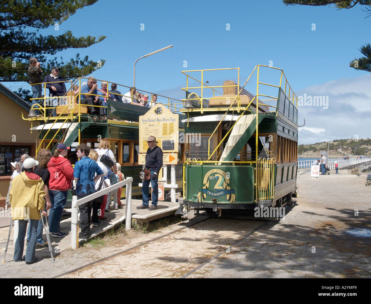 HORSE DRAWN TRAM AT END OF CAUSEWAY VICTOR HARBOUR FLEURIEU PENINSULA