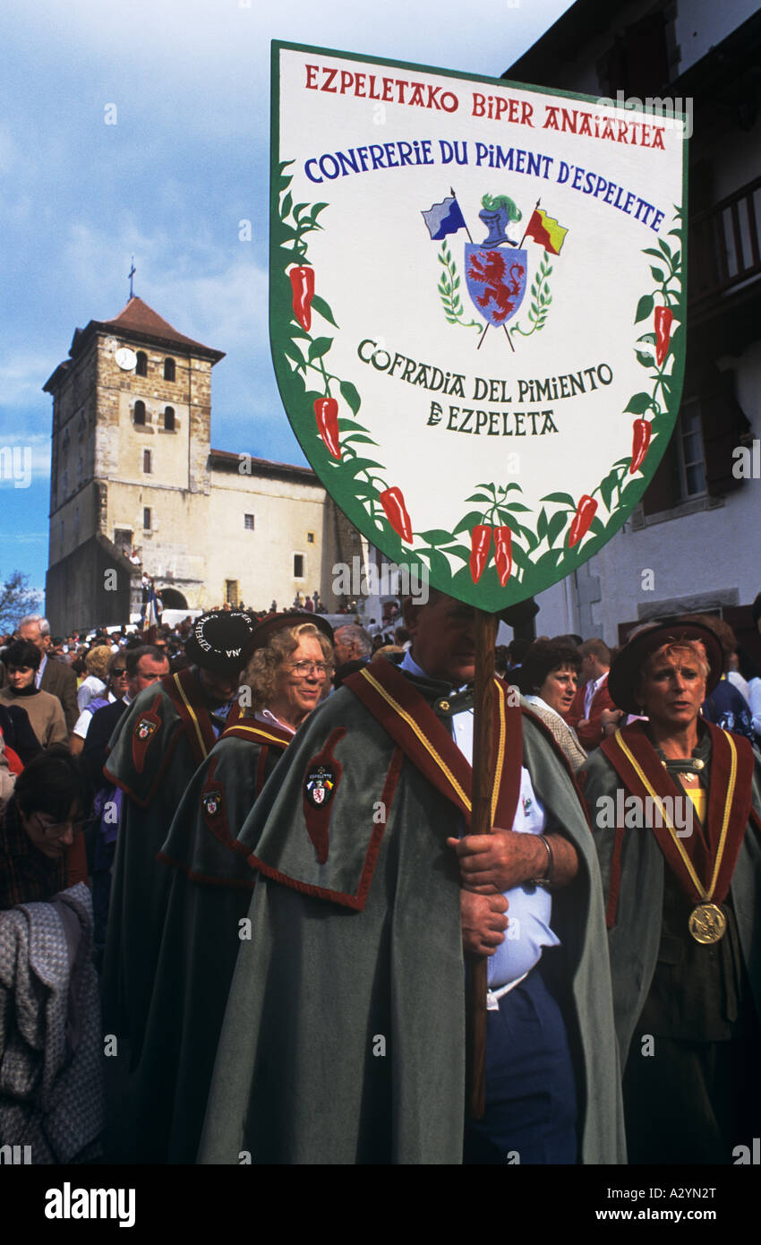A Confraria Or Brotherhood In The Basque Village Of Espelette France Promotes Pimentoes During Annual Pimento Fair A Confraria Or Brotherhood In The Basque Village Of Espelette France Promotes Pimentoes During Annual Pimento Fair