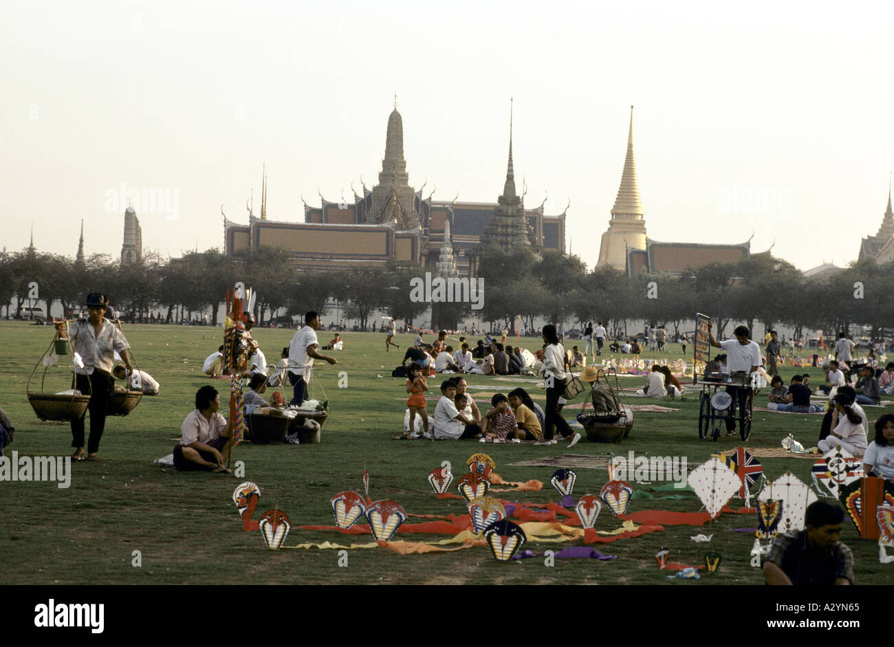 Kites in Sanam Luang, in front of the Grand Palace in Bangkok, Thailand Stock Photo