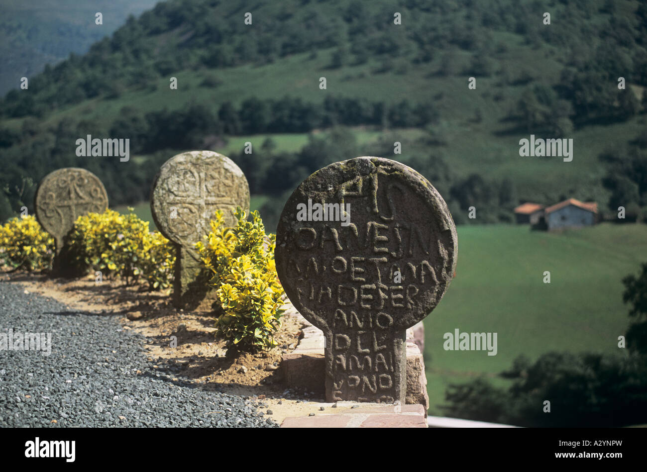 Basque gravestones in the French Pyrenees mountain village of Bidarray Stock Photo