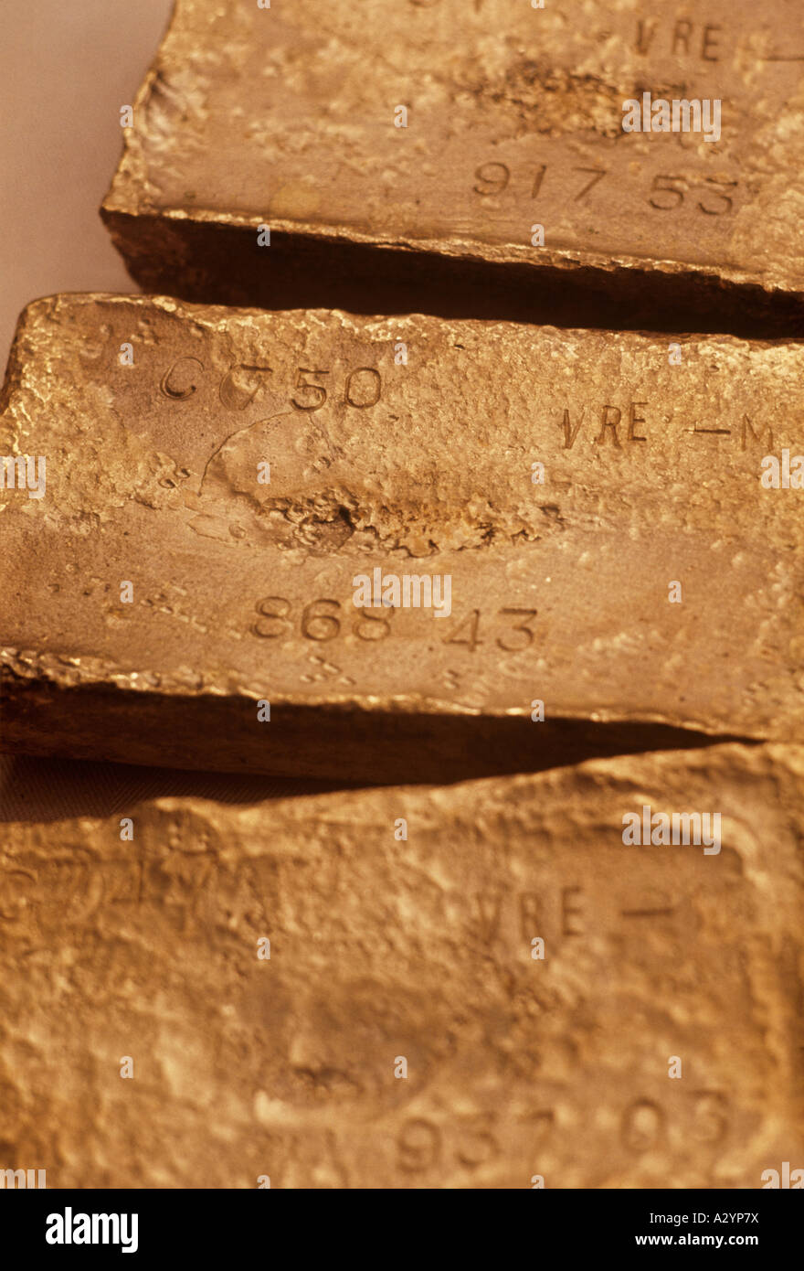 Solid gold ingots displayed at as South African gold mine Stock Photo